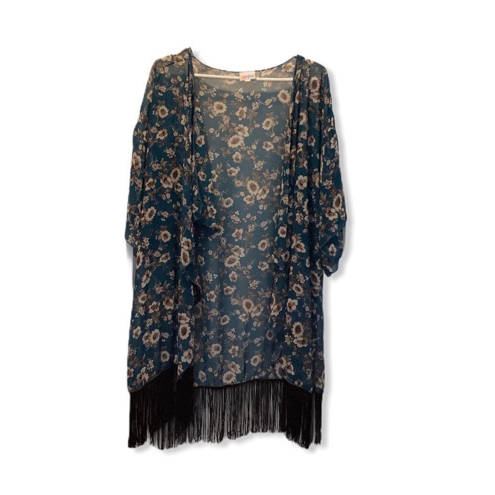 LuLaRoe Monroe black fringe kimono size L